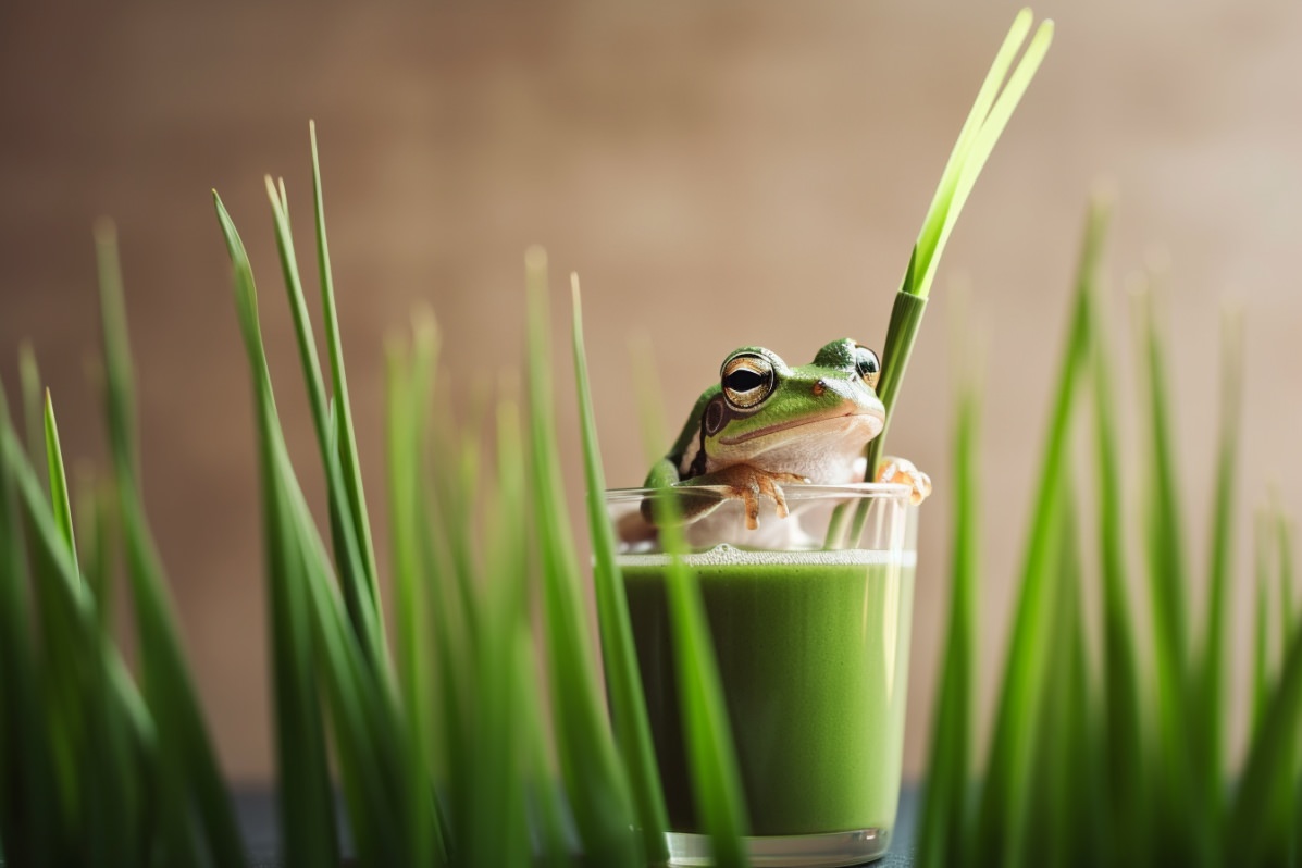 Frosch mit einem Glas Grassaft