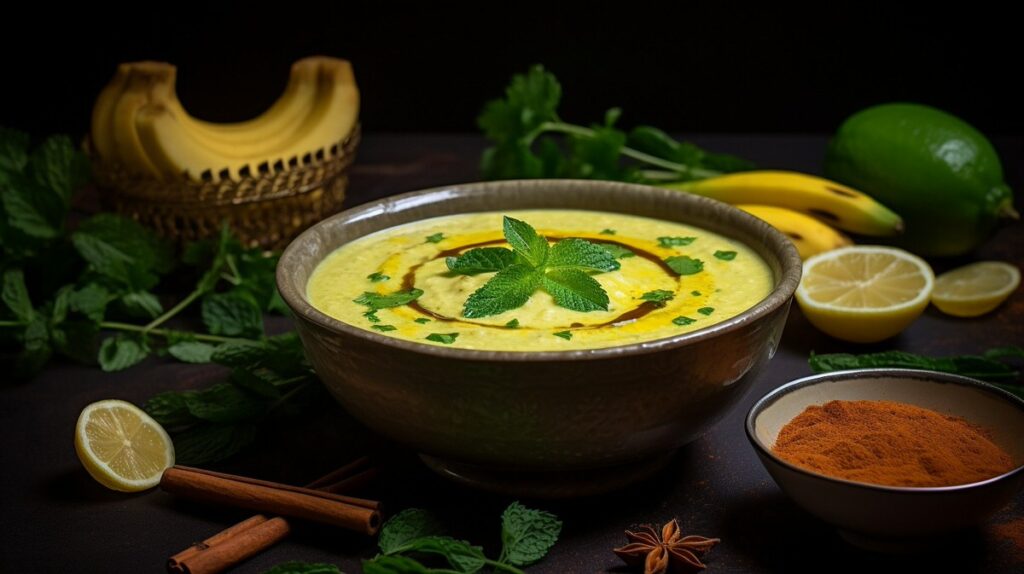 Bananensuppe mit Zwiebel, Zitrone, Chili und Currypulver.